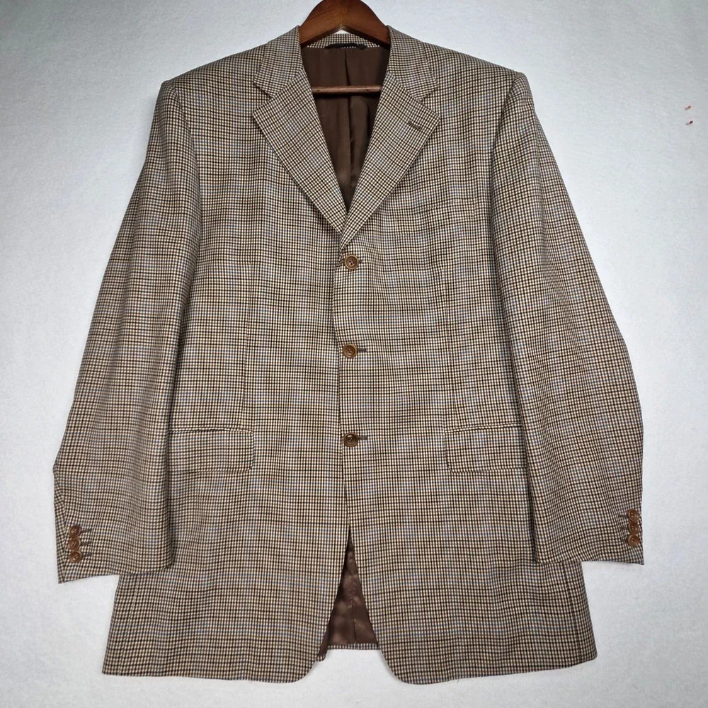 Canali Proposta Blazer Mens 42 L Brown Blue Houndstooth Wool Sport Coat Italy